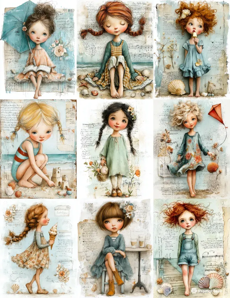 Seaside Vacation Girls Junk Journal Art