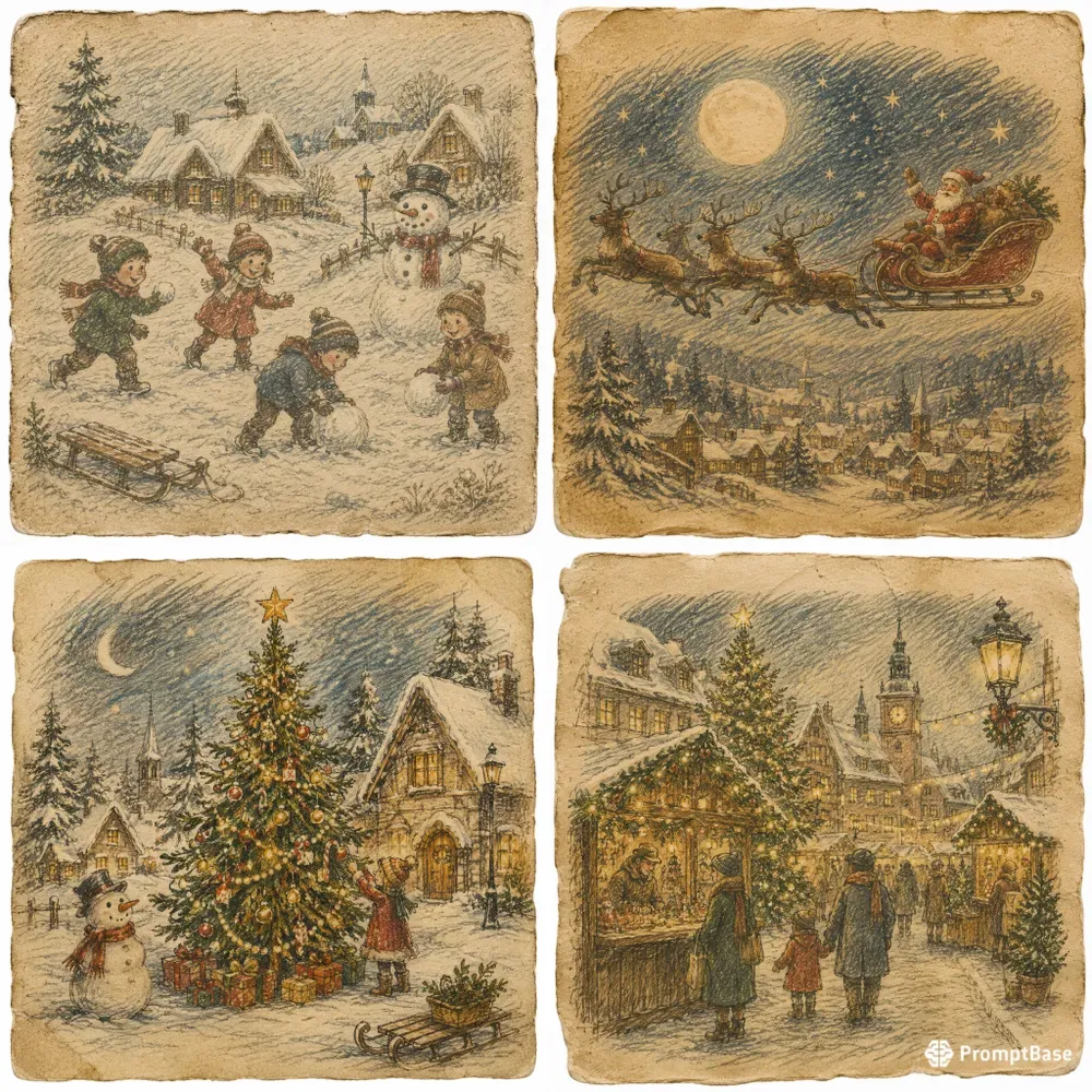 Hand Drawn Christmas Postcard Ephemera