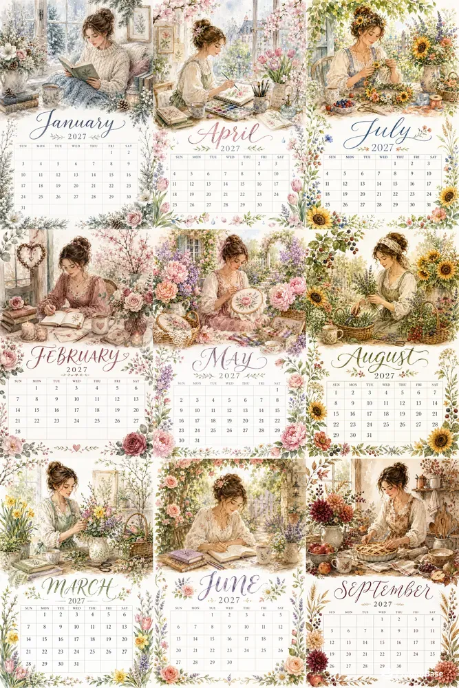 Cozy 2027 Watercolor Calendar Pages