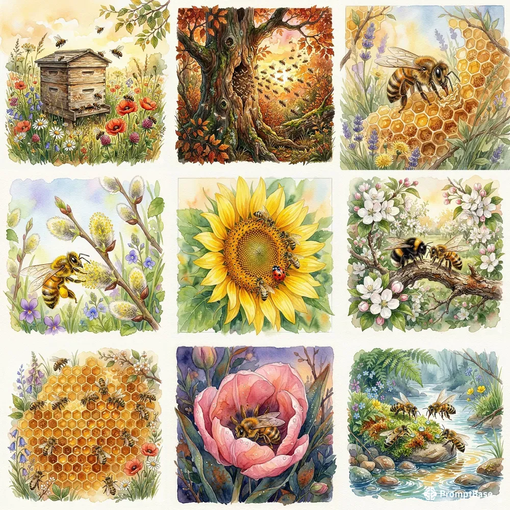 Busy Bees Fairy Tale Watercolor Art