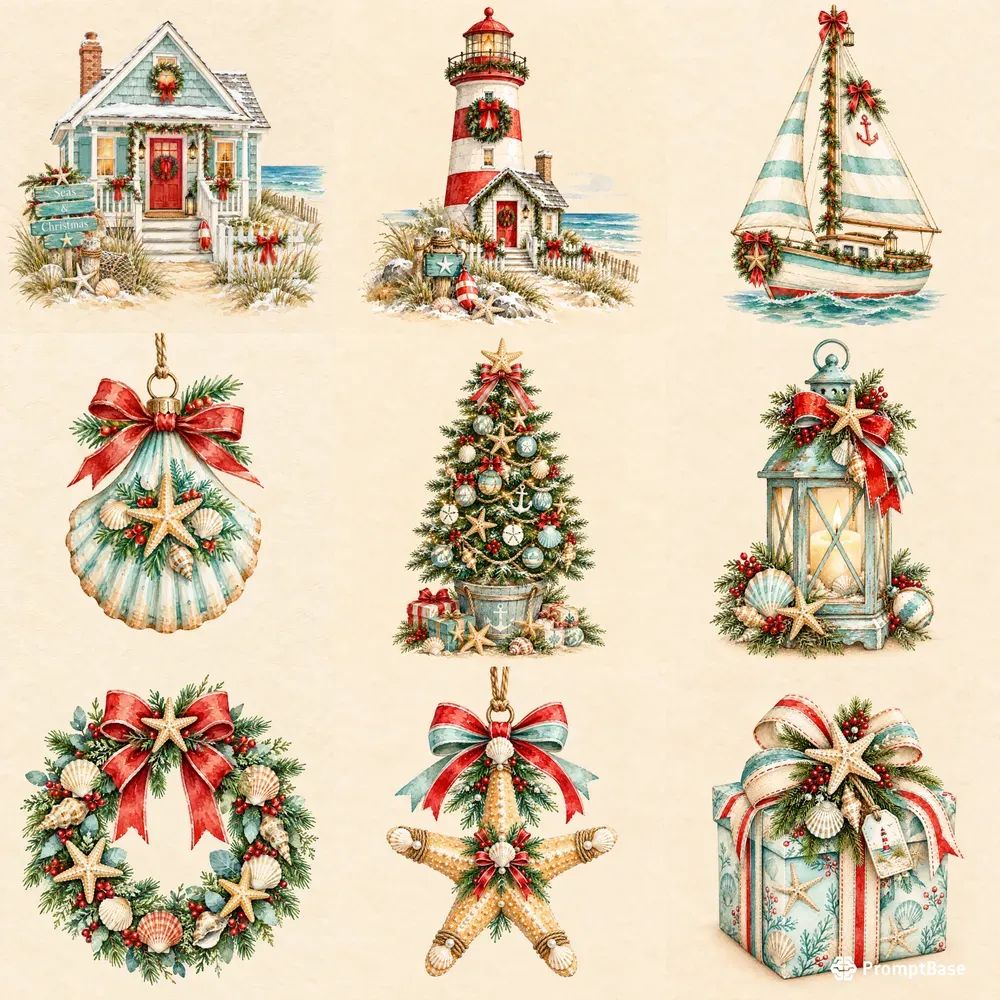 Coastal Christmas Watercolor Cliparts