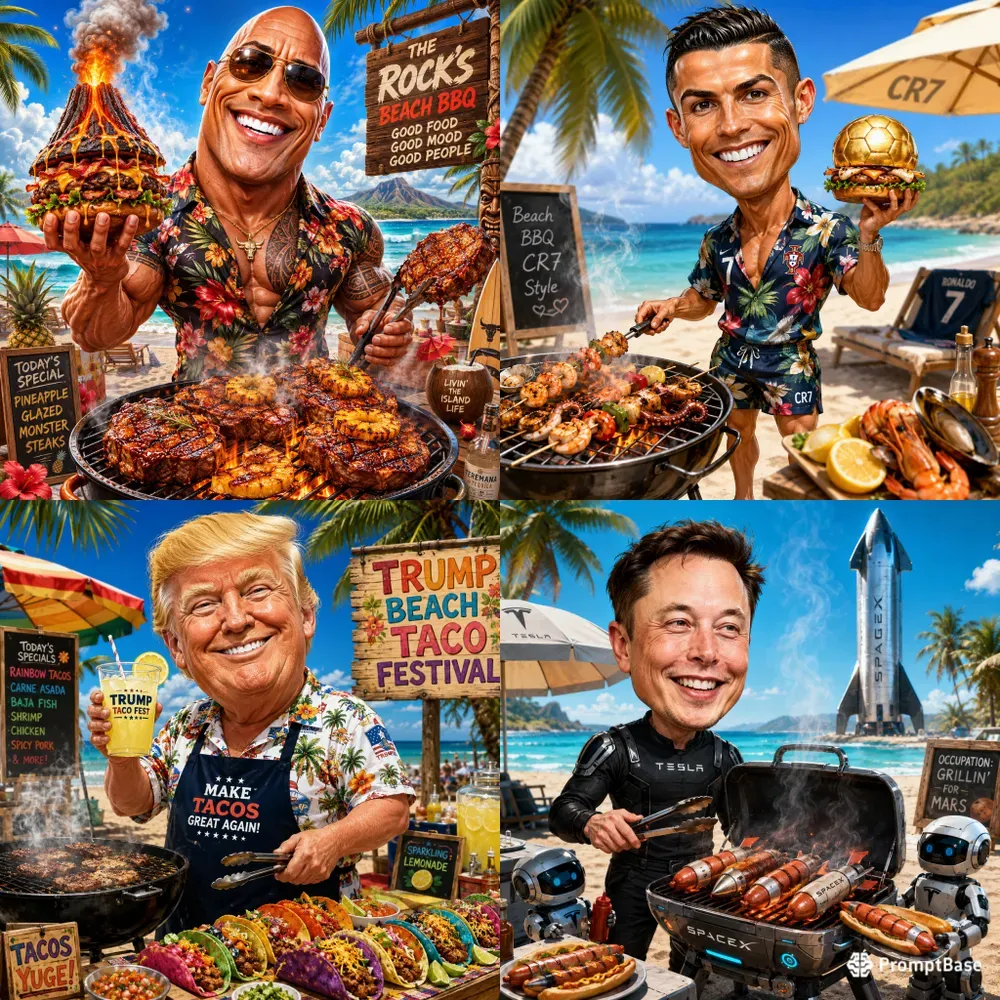 Famous Faces Beach Bbq Caricatures