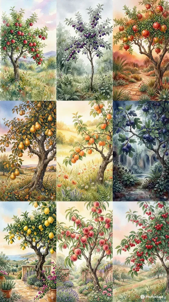 Watercolor Fruit Tree Paintings