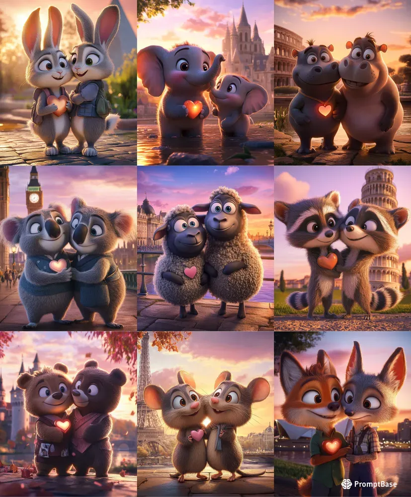 Pixarstyle Serene Sunset Animal Scenes