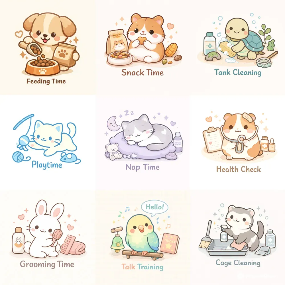 Cute Pet Care Routine Icons