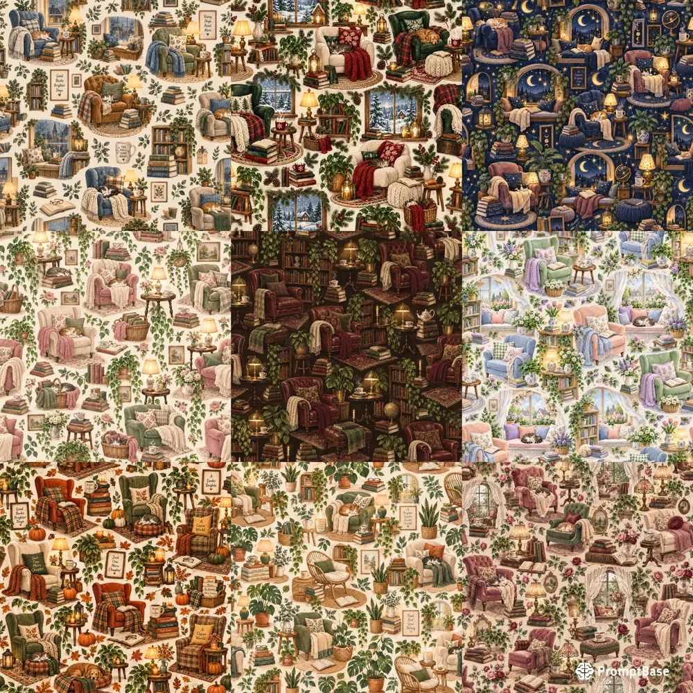 Cozy Reading Nook Seamless Patterns