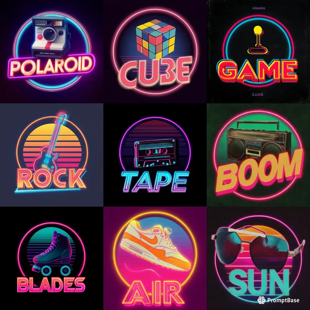 Retro Neon Logos In 80s Style