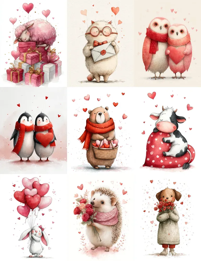 Sweet Valentine Animal Watercolor Clipars