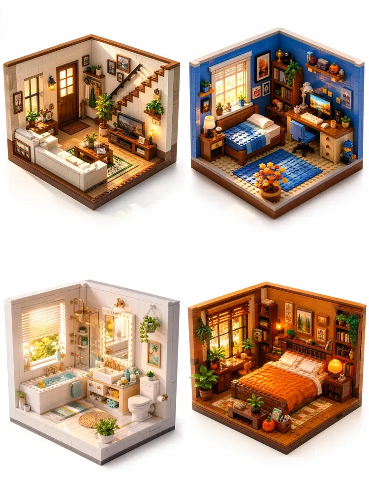 Cute 3D Isometric Open Lego Room Boxes