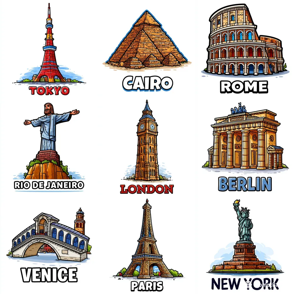 Cartoon Landmark City Prints