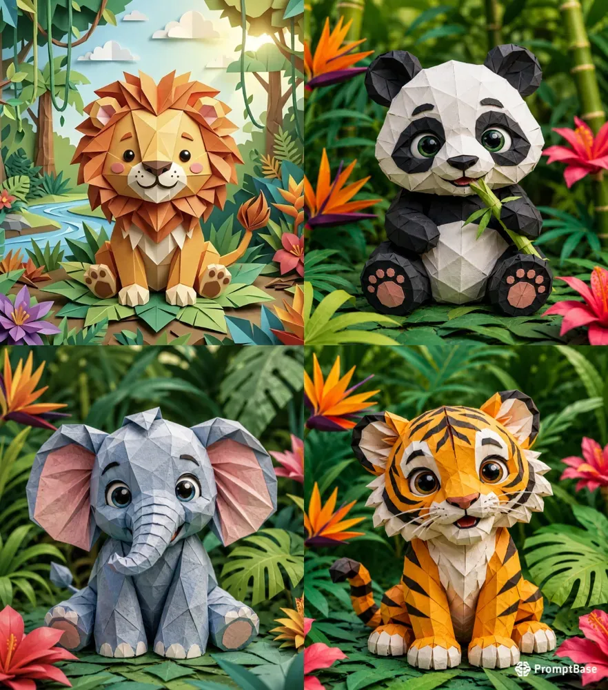 3D Origami Style Cute Baby Lions