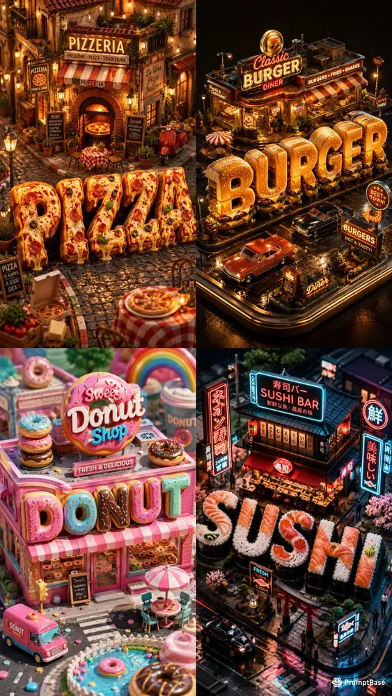 Miniature 3D Food Typography Worlds