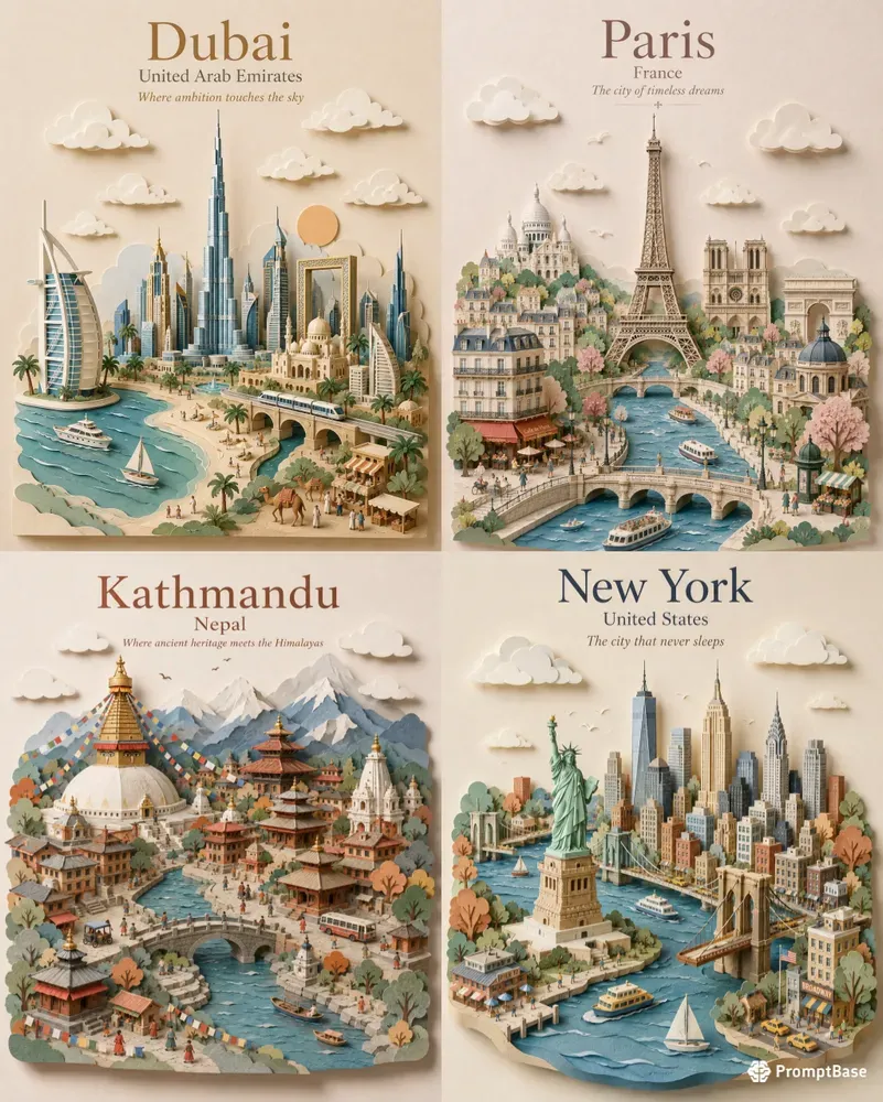 Miniature City Travel Posters 3D Paper