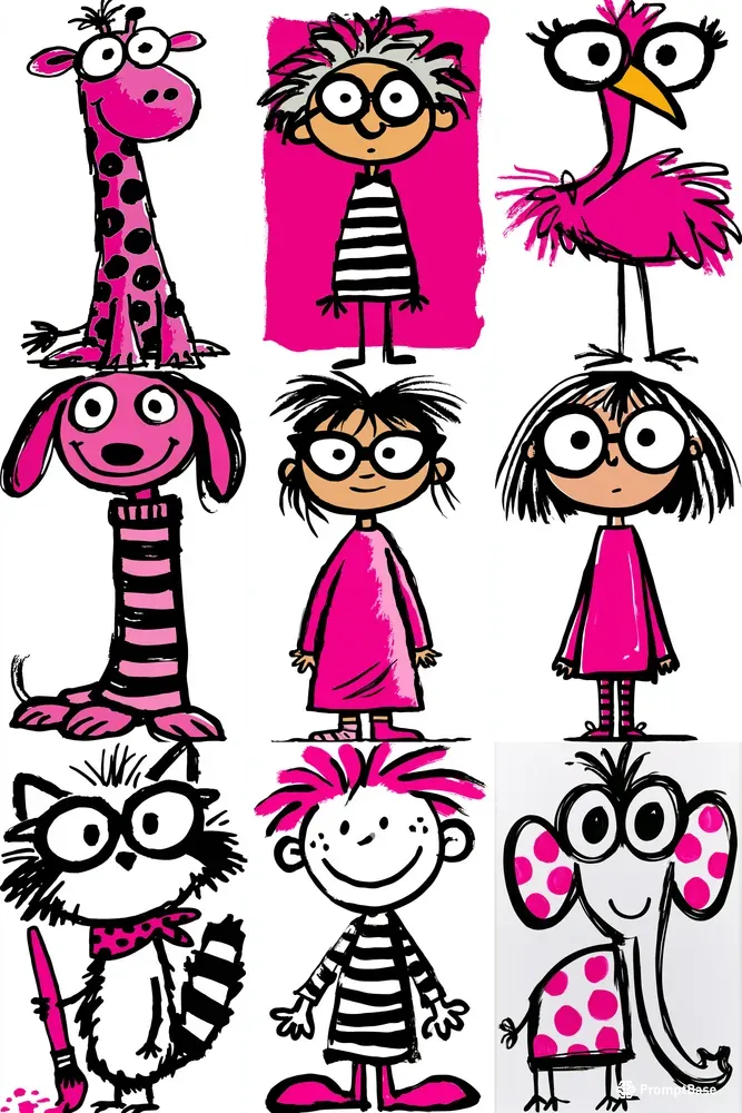 Whimsical Pink Doodle Portraits