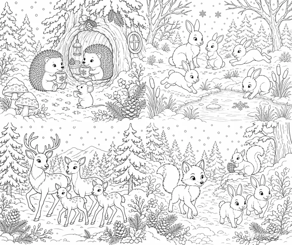 Cozy Winter Woodland Animals Line Art