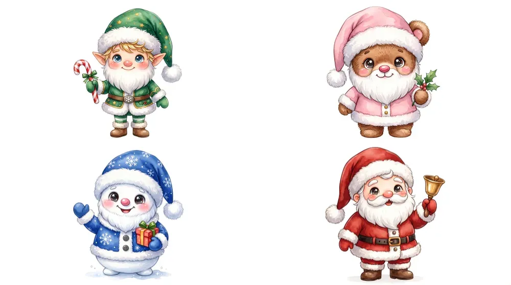 Chibi Watercolor Santa Claus Cliparts