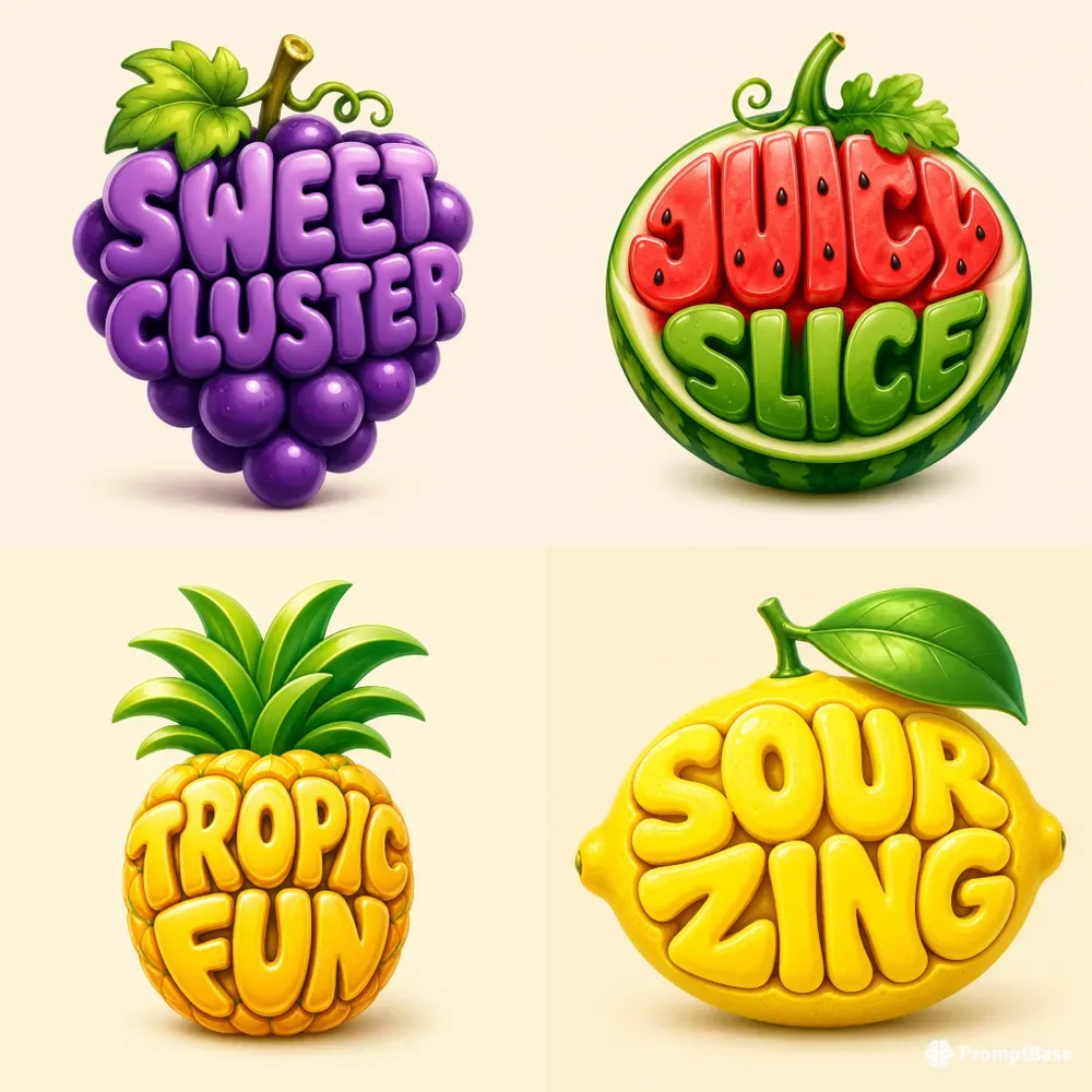 Glossy 3D Fruit Typography Logos