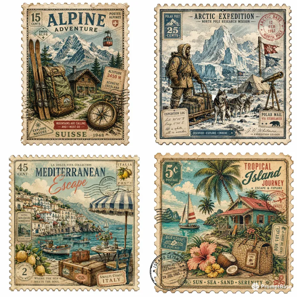 Vintage Travel Postcard Stamp Art