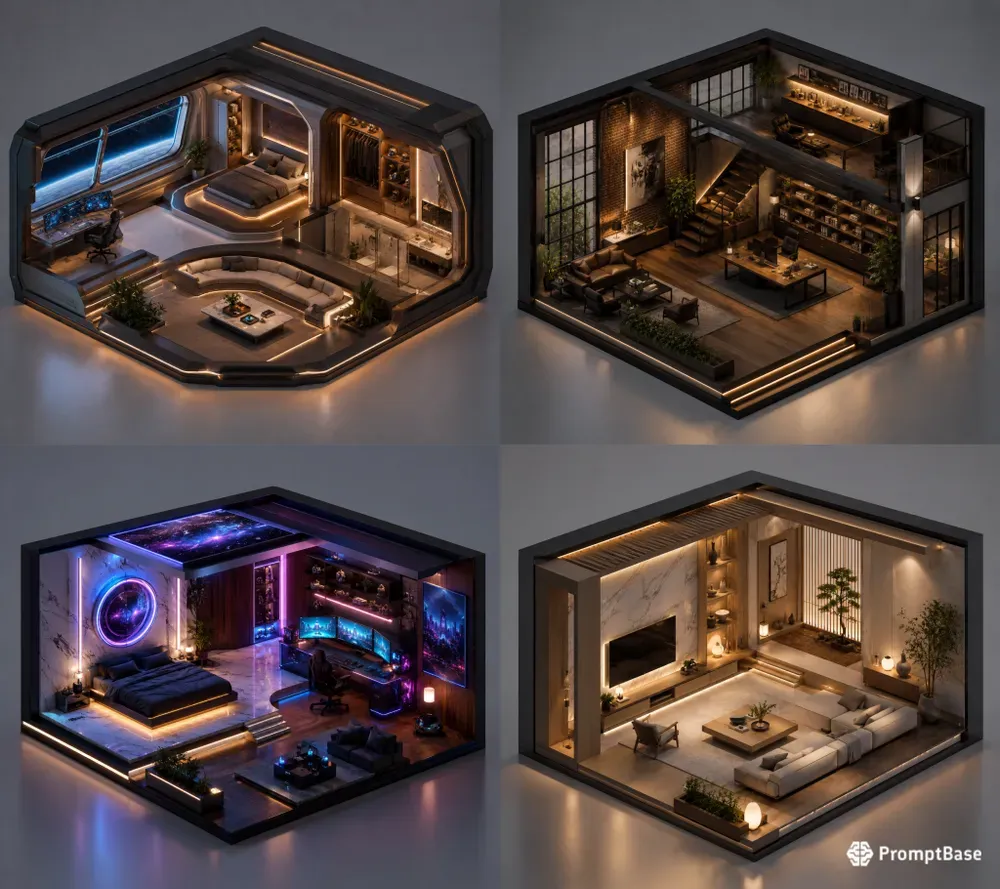 3D Isometric Luxury Room Diorama Renders