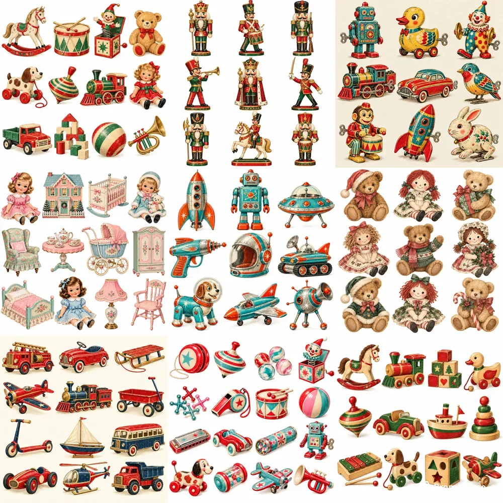Retro Christmas Toys Clipart Sheets Etsy