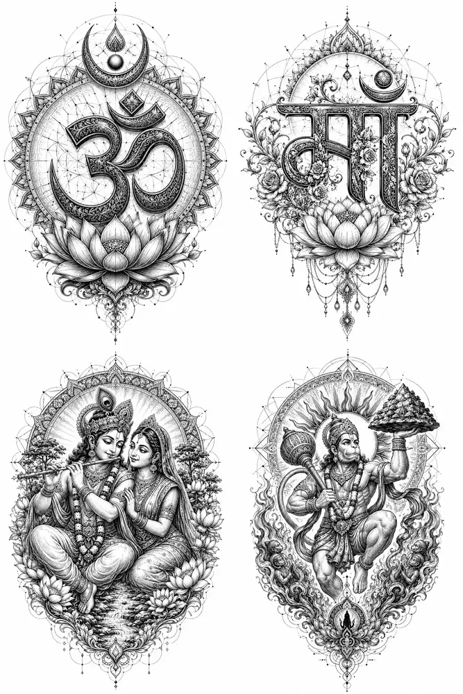 Sacred Hindu Blackwork Tattoo Designs