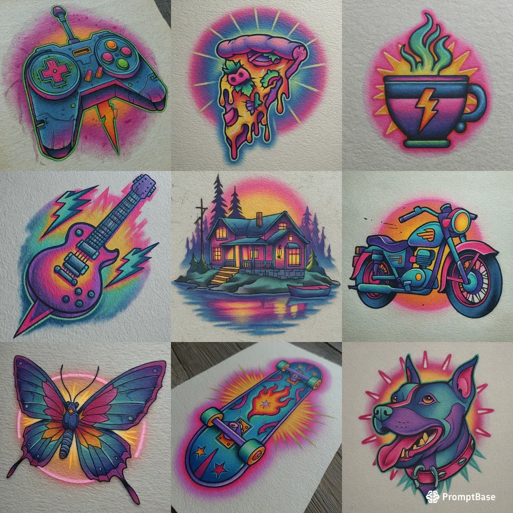 Neon Sticker Marker Tattoo Flashes