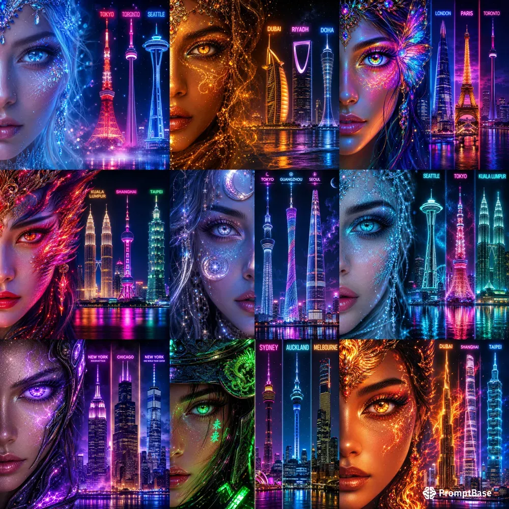 Neon City Landmark Portrait Fusions