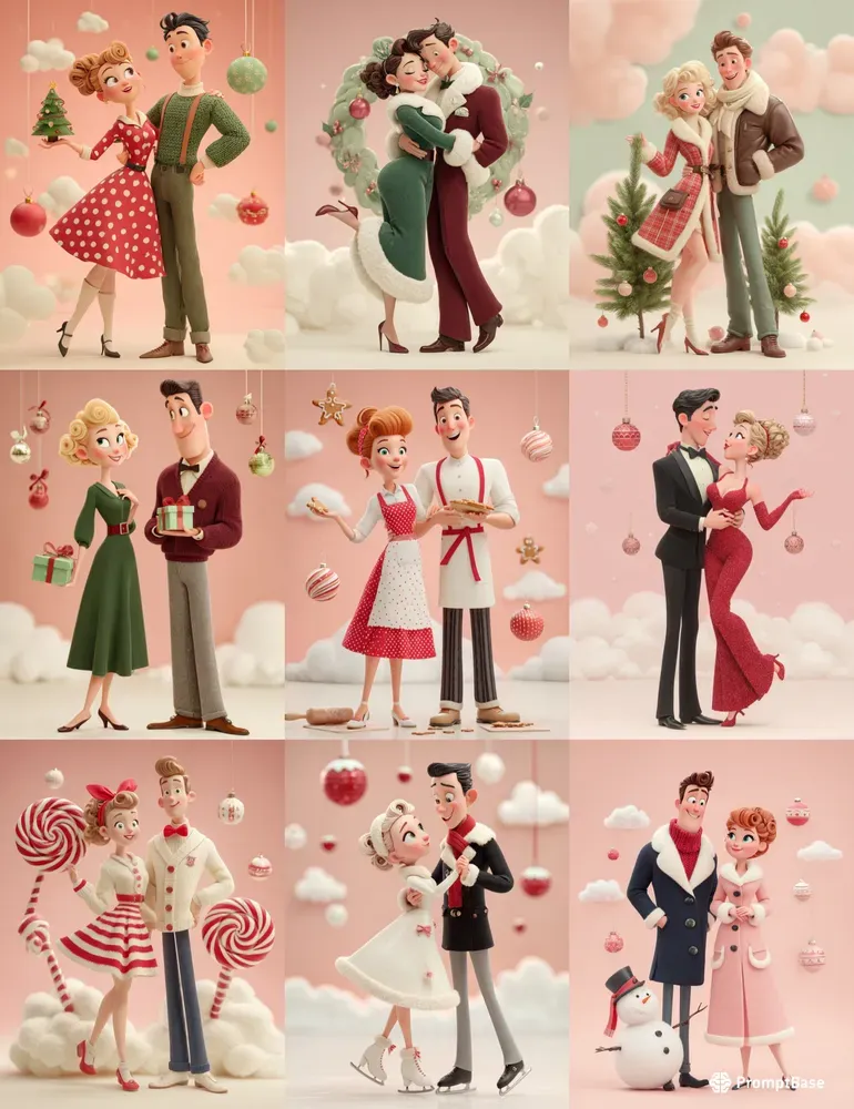 3D Vintage Christmas Couples Pastel
