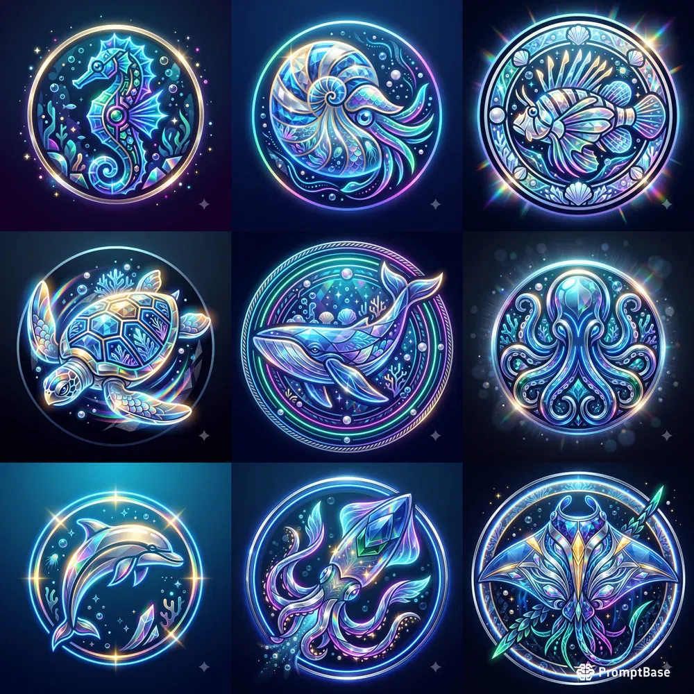 Neon Crystal Ocean Animal Emblems