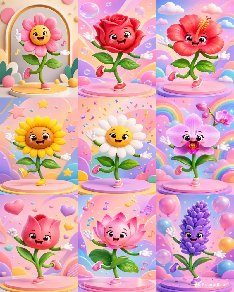 Cute Kawaii Floral Mascot 3D Cliparts