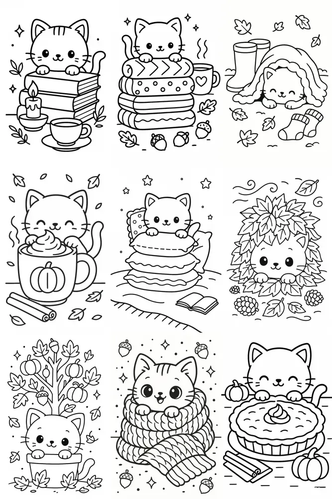 Cozy Fall Peeking Cats Coloring Pages