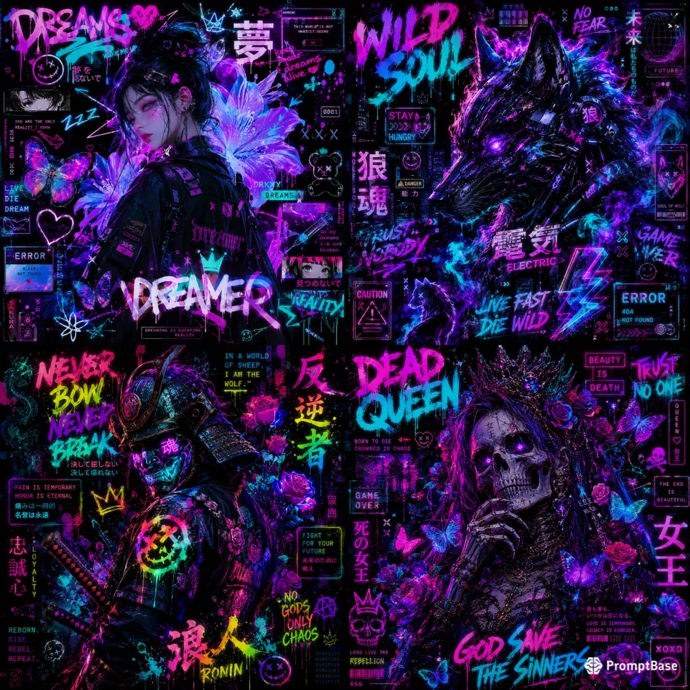 Neon Cyberpunk Sticker Collages