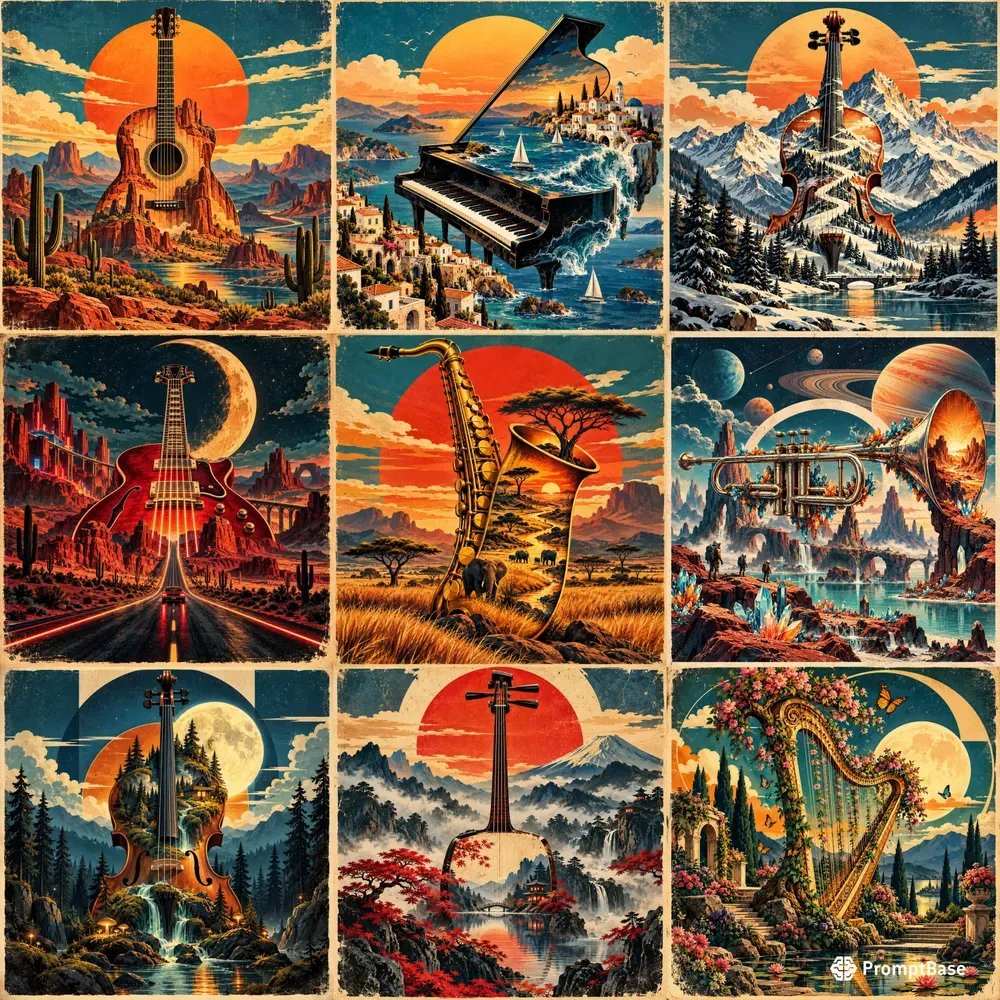 Surreal Musical Instrument Landscape Art