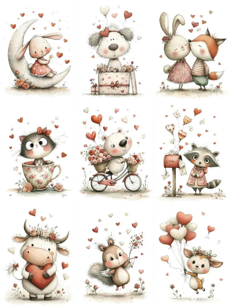 Cute Valentine Animal Watercolor Clipart