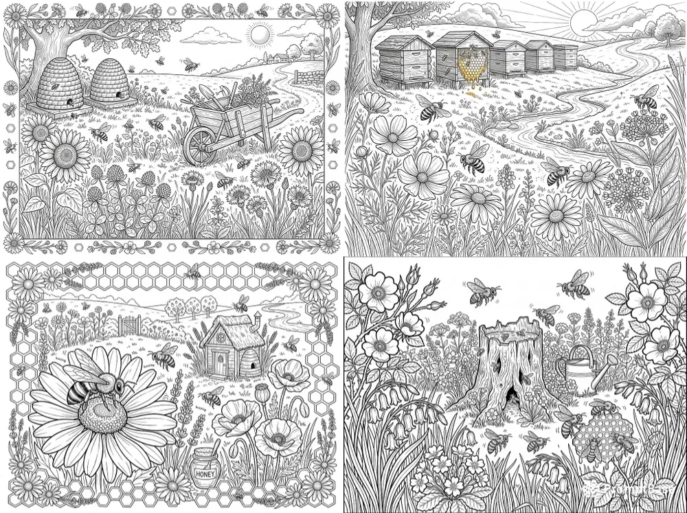 Honey Bee Meadow Coloring Pages