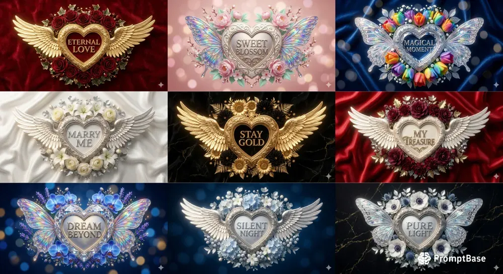 3D Luxury Heart Emblems Wings Flowers