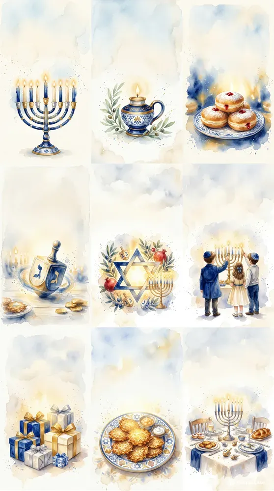 Hanukkah Watercolor Cards Jewish Art