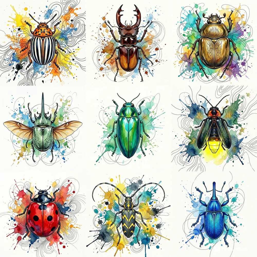 Watercolor Ink Beetle Illustrations