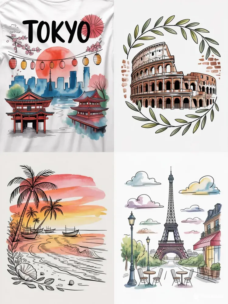 Watercolor Line Art Travel Tshirt Designs