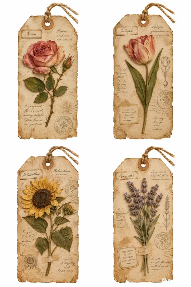 Vintage Flower Junk Journal Tags Ephemera