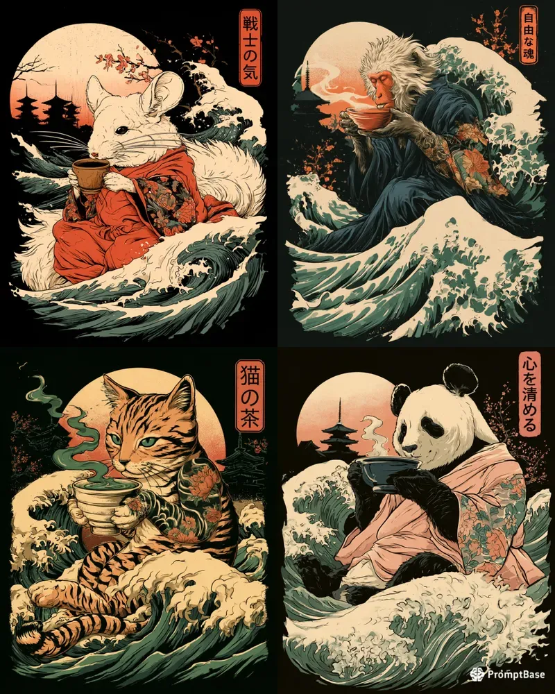 Japanese Ukiyoe Animal Tshirt Prints