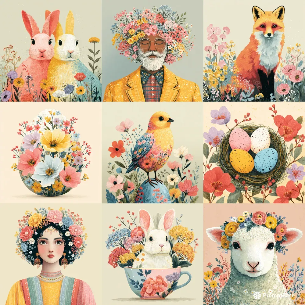 Whimsical Easter Folk Illustration Art