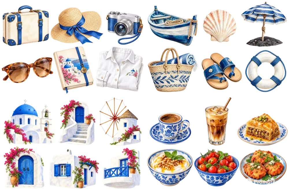 Santorini Watercolor Clipart Collections