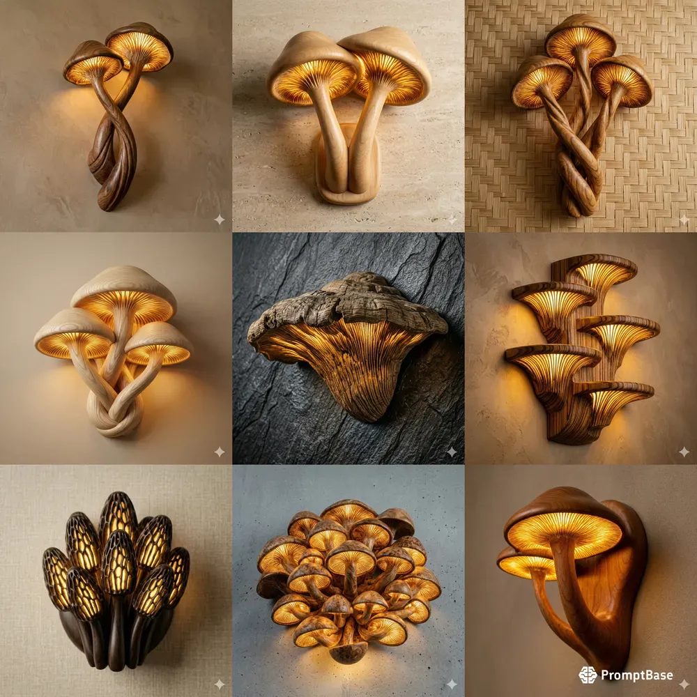 Macro Biomorphic Wood Mushroom Sconces