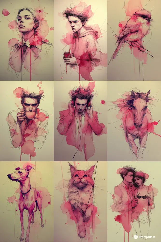 Red Ink Wash Portrait Illustrations