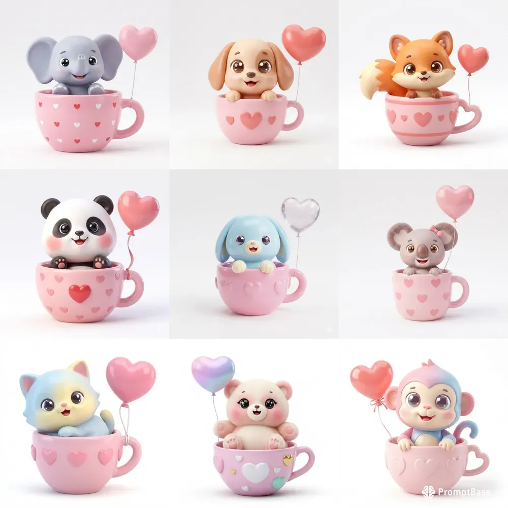 Cute Kawaii Animal In Cup Valentines