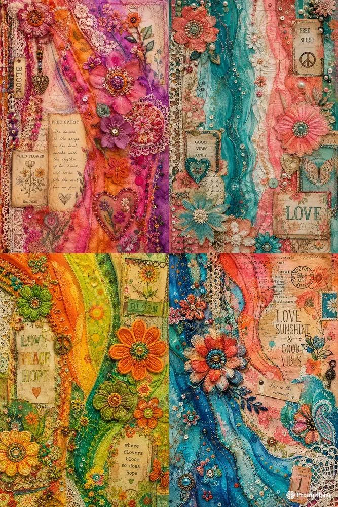 Hippie Pattern Flower Junk Journal Pages