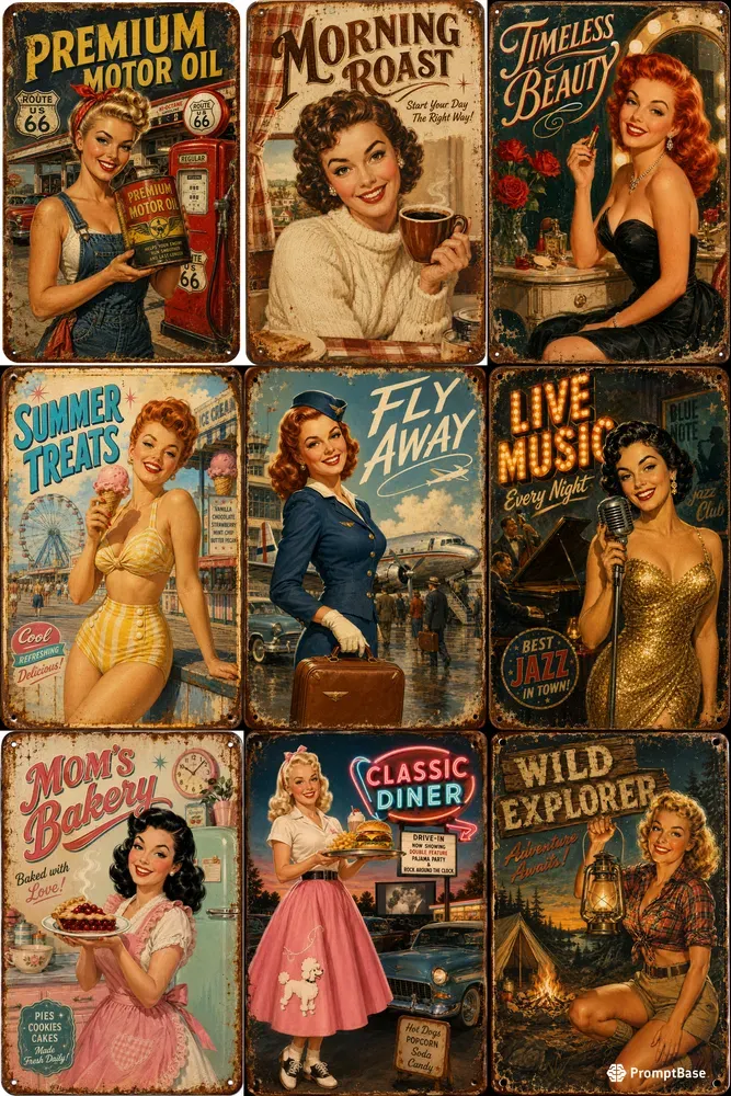 Vintage Americana Pin Up Tin Signs