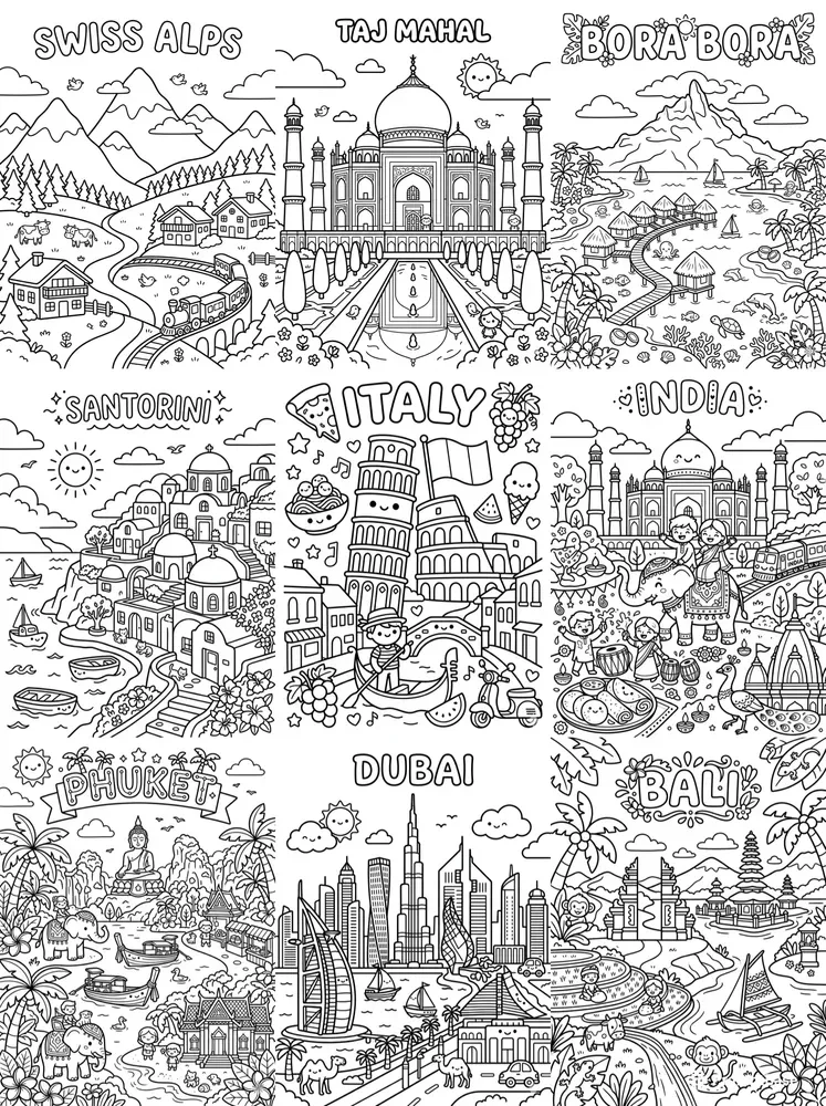 Kawaii Destination Coloring Book Pages