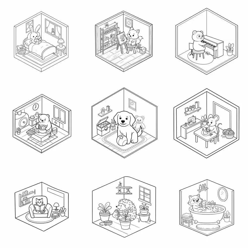 Isometric Animal Room Coloring Pages